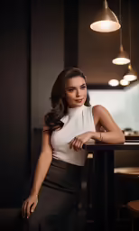 a woman sitting at a bar, leaning on the counter