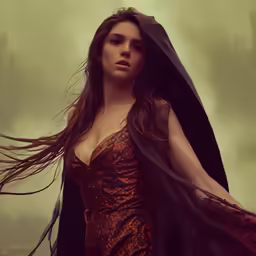 a woman wearing a red dress and cloak