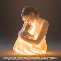 a woman in white dress kneeling down with a light shining on her hands