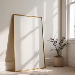 an empty gold frame on a white wall
