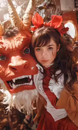 the young girl has her arms around the large head of an animal