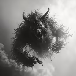 an art work showing a huge demon, which appears to be floating in the sky