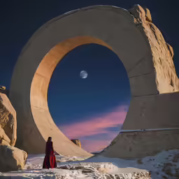 a woman wearing a red dress is standing in front of a large circle shaped stone structure