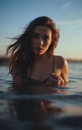 a beautiful woman with long hair wearing a black bikini