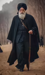 a man dressed in black with a big beard and black coat