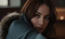 the woman is wearing a blue coat with fur