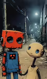 a painting of a robot holding hands with a little robot in front of a street