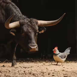 a black cow looks at a white chicken