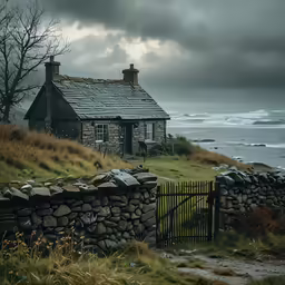 a lonely stone building and fence in a grassy field