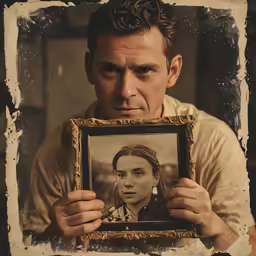 the old man is holding up a framed photo
