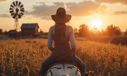 woman riding on horse at sunset in a field