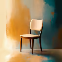 a white chair sitting on top of a yellow and blue floor