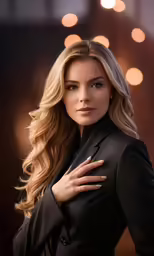 a beautiful blonde woman standing in front of a building