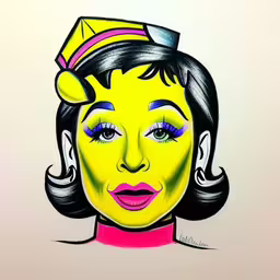 there is a yellow female wearing a green crown,a drawing of a woman in yellow with a green top and a black hat,the face of a woman with black hair and yellow make up,a painting of a yellow woman with a black wig,a painting of a lady with a yellow crown on her head