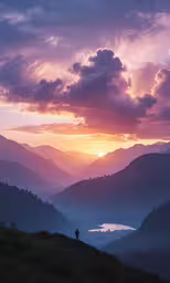 man standing on the hill watching the sun set over mountains