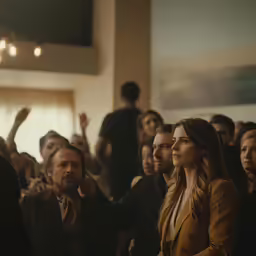 a large group of people stand in a line and talk