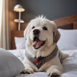 a dog is laying on the white bed