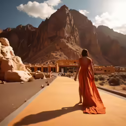 a woman in an orange dress is walking along the street