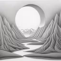 an image of a landscape with mountains and a moon,a drawing that is very cool,a drawing of a river with hills and trees,a pencil drawing of a landscape with mountains,an abstract landscape with a large moon over the mountains