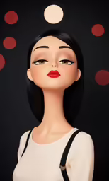 an anime doll has red lips and black hair