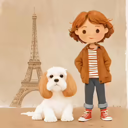 a painting of a boy standing with a dog in front of a eiffel tower