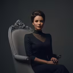 a beautiful young woman in a black dress sitting on a chair