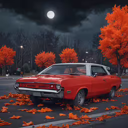 an old red car with many leaves scattered on it,a car parked on the street near a pile of leaves