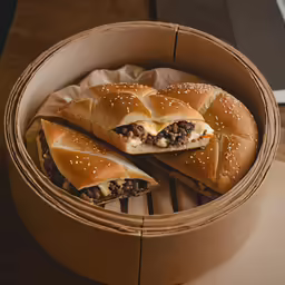 some sandwiches in a basket with some bread