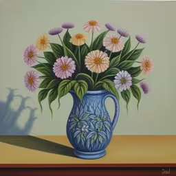 a painting of some flowers in a blue vase,a painting of flowers in a blue vase on a table