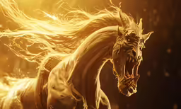 a horse with yellow mane and hair flowing in the wind