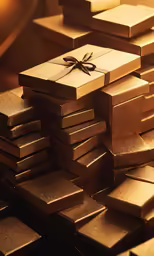 many stacks of gold bars with a bow on top