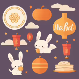various illustration of rabbits and orange lanterns on the dark purple background