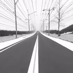 long straight empty road leading to power lines