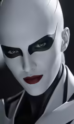 a woman with dark eyes and white makeup is dressed in black and white