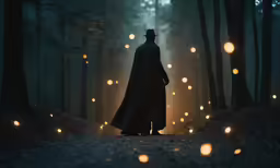 a person standing in the forest surrounded by fireflies