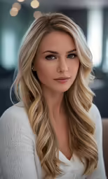 the beautiful blonde woman in the photo looks like she is sitting down