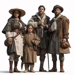 three people standing in historical clothing and hat, one woman holding a small child