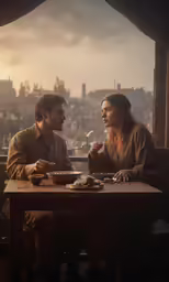 a woman sitting next to a man while sitting at a wooden table