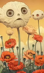 an alien like creature with many flowers next to it