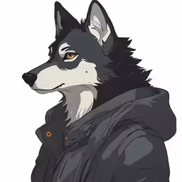 an anime wolf in a hooded coat and hood