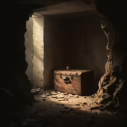 there is an old suitcase that is in a dimly lit room