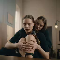 two young women holding a woman on her arms