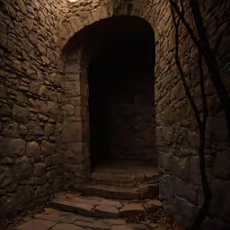 the stone walkway leads to a door with no glass on it