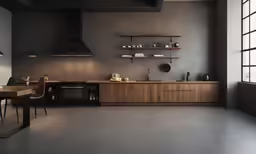 modern kitchen with wooden cabinets and shelves with glass doors