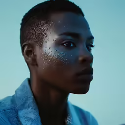the face of a black woman with white paint on her cheek