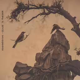 three birds perched on top of rocks in a tree