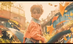 a young girl stands in front of a colorful mural