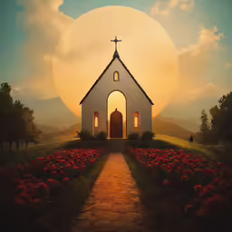 a painting of an old church with a full moon behind it