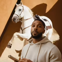 the man is looking up at the horse