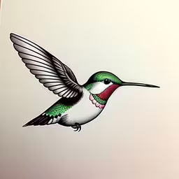an artistically painted hummingbird sitting on a wall,an image of a humming bird flying